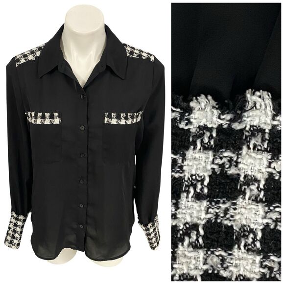 Laundry by Shelli Segal Top Womens Sz Small Black Houndstooth Shirt Work Office - Picture 1 of 16